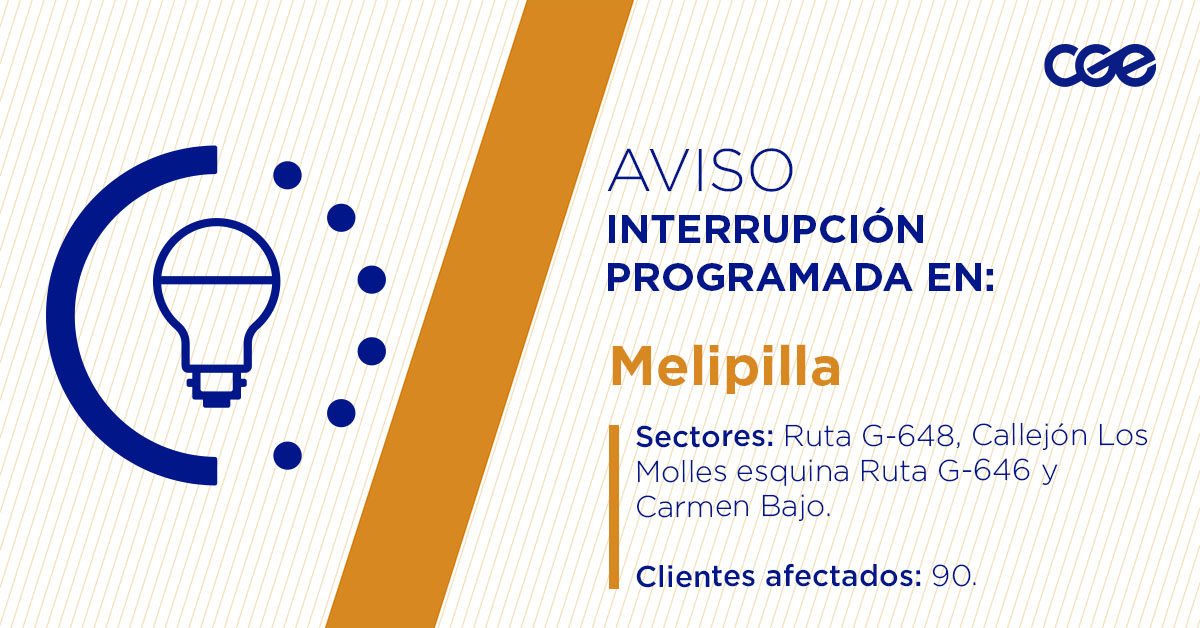 CGE_Clientes's tweet image. Para mejorar la calidad del suministro de nuestros clientes de #Melipilla, este sábado, entre 09:00 y 15:00 horas, se realizará una #InterrupciónProgramada (sectores en la imagen 👇) debido a trabajos de mejoras. Esto afectará a 90 clientes. Recuerda desconectar tus artefactos 🔌