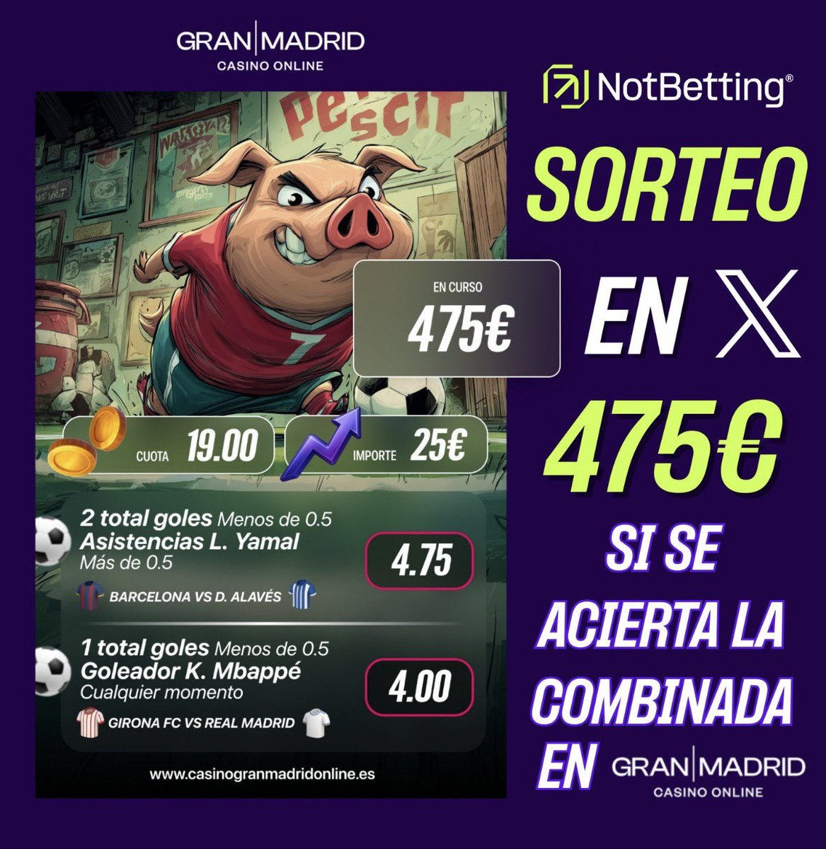 NotBettingX's tweet photo. ⚽🔥 ¡SORTEO DE 475€! 🔥⚽

Gracias a Gran Madrid lanzamos un SORTEO ÉPICO💰
👉 Si nuestra combinada se acierta, el ganador se lleva 475€ DIRECTOS AL BOLSILLO 💸

Solo tienes que:
1️⃣ Seguir a 👉 @GranMadridES
2️⃣ Dar RT + ❤️ Me Gusta a este tweet

⚡ Dos pasos sencillos, un premio brutal esperándote.
👉🏻 ¿Además quieres 44€ sin depositar? https://t.co/wYwg1t5uwR