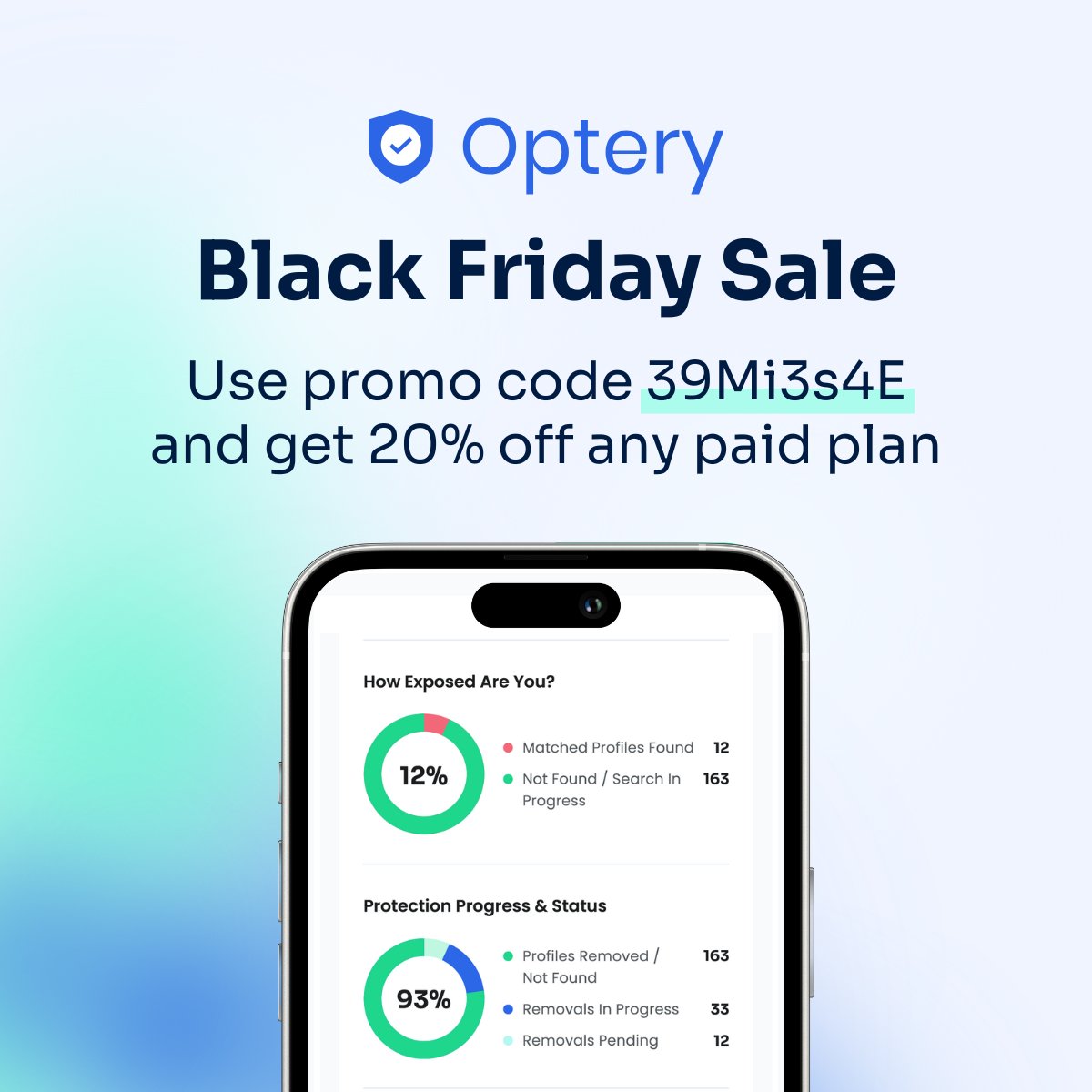 optery's tweet image. Upgrade to premium privacy protection with 20% off any paid plan for up to 12 months using our Black Friday Sale promo code at checkout.

Promo Code: 39Mi3s4E

#PrivacyProtection #BlackFridaySale