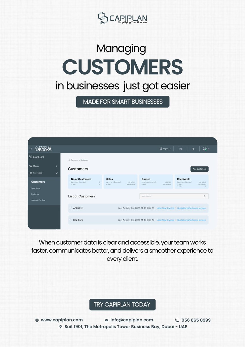 CapiPlan's tweet image. Customer details often get scattered across spreadsheets and messages. And that slows everything down.

With the CapiPlan Customer Module, you get a smarter way to manage all your customer information in one place.

Visit our website for more details: capiplan.com