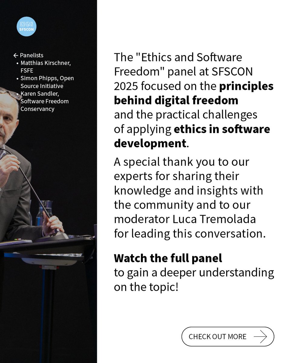 SFScon's tweet image. At #SFSCON25 the &quot;Ethics and Software Freedom&quot; panel, moderated by @lucatremolada, brought together Matthias Kirschner (@fsfe), @webmink (@OpenSourceOrg) and @o0karen0o (@conservancy) to discuss the ethics of digital freedom.

🎥 Watch the full discussion: sfscon.it/talks/ethics-a…