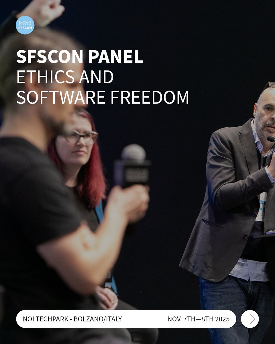 SFScon's tweet image. At #SFSCON25 the &quot;Ethics and Software Freedom&quot; panel, moderated by @lucatremolada, brought together Matthias Kirschner (@fsfe), @webmink (@OpenSourceOrg) and @o0karen0o (@conservancy) to discuss the ethics of digital freedom.

🎥 Watch the full discussion: sfscon.it/talks/ethics-a…