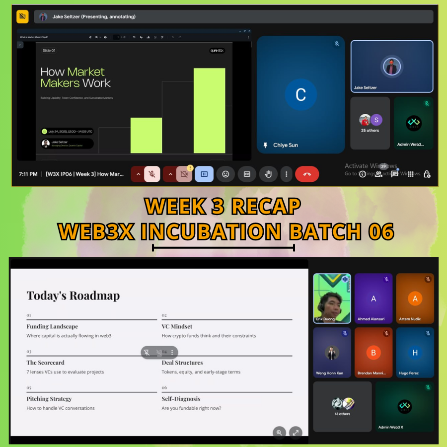 🌐 Week 3 | Web3X Incubation Batch 06 Recap 🚀
 This week, our founders explored 𝙢𝙖𝙧𝙠𝙚𝙩 𝙢𝙖𝙠𝙞𝙣𝙜 &amp; 𝙚𝙖𝙧𝙡𝙮-𝙨𝙩𝙖𝙜𝙚 𝙒𝙚𝙗𝟯 𝙞𝙣𝙫𝙚𝙨𝙩𝙞𝙣𝙜. Here’s what went down 👇