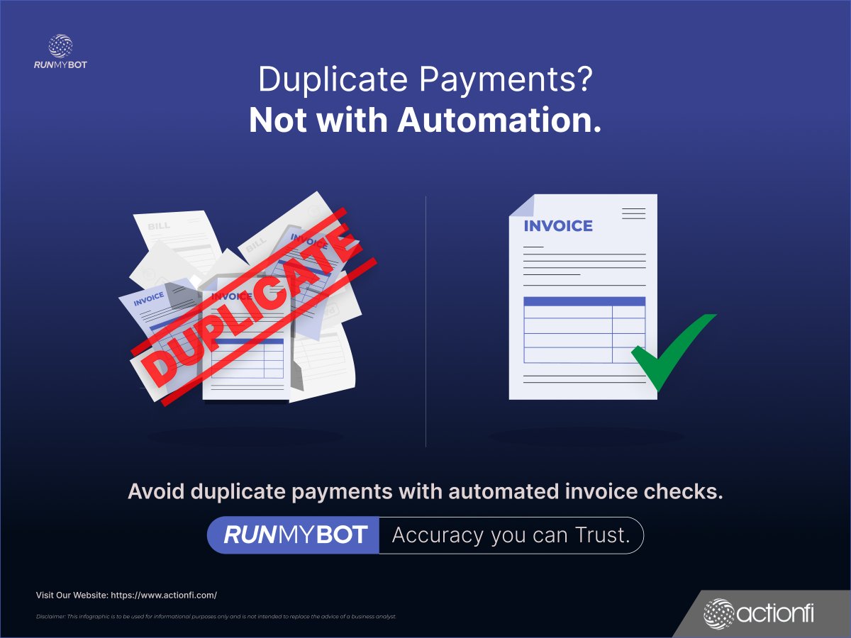 actionfi_'s tweet image. Automation catches duplicate invoices instantly, helping finance teams avoid costly mistakes. Ensure error-free processing with RUNMYBOT®.

#actionfi #runmybot #automationtools #financeautomation #apautomation #digitalfinance #invoicecontrol #smartworkflows