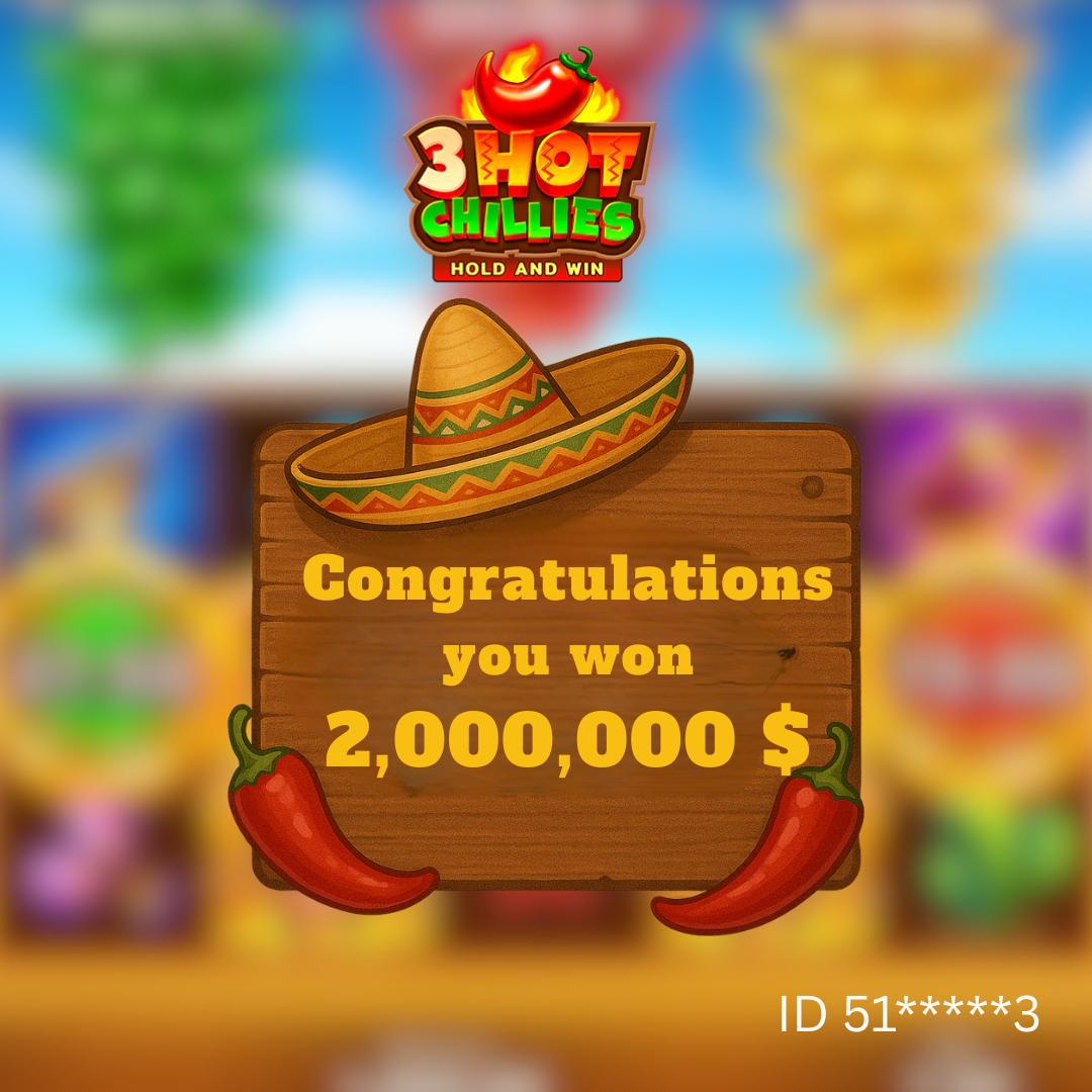 hitnspin_777's tweet photo. 💥 BIG WIN — 3 HOT CHILLIES 🌶️

💰 2,000,000 $ 💥

🎰 Our player ID 51*****3 achieved a fiery win in the 3 Hot Chillies slot! 🔥

⚡ Play now, win, and write your own legend!
👉 https://t.co/kww2p6uko1👈

#hitnspin #888Starz #Betandyou #Betway https://t.co/lIN53hdBLi