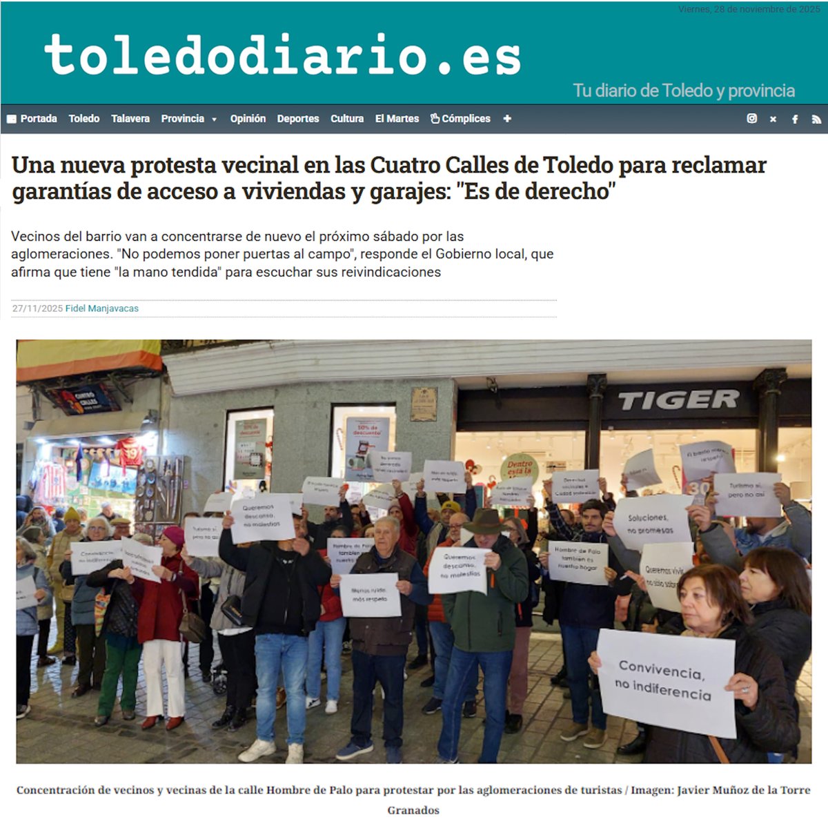 #Toledo #CascoHistórico #Vecindario #Fiestas #Turistificación 
Vecindario residente reclamando que se respeten sus derechos ante la masificación turística de unas fiestas de Navidad planificadas como un recurso turístico por <a href="/ToledoAyto/">Ayuntamiento de Toledo</a>...
Vía Toledodiario
bit.ly/48rAA6R