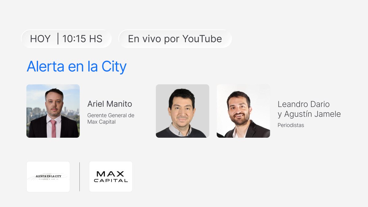 🎙️ Hoy a las 10:15, <a href="/ArielManito/">Ariel Manito</a> —Gerente General de Max Capital— estará en #AlertaEnLaCity junto a <a href="/agusjamele/">Agustín Jamele</a> y <a href="/Leandario/">Leandro Dario</a>.

Una charla clave sobre las nuevas tendencias del mercado y cómo las acompañamos desde Max Capital.

En vivo por YouTube acá👉 youtube.com/@alertaenlacit…