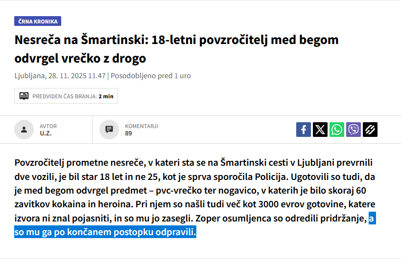 xmp125b's tweet image. &quot;Pridržanje so mu po končanem postopku odpravili.&quot;.

Zakaj, jebelacesta?!?!
