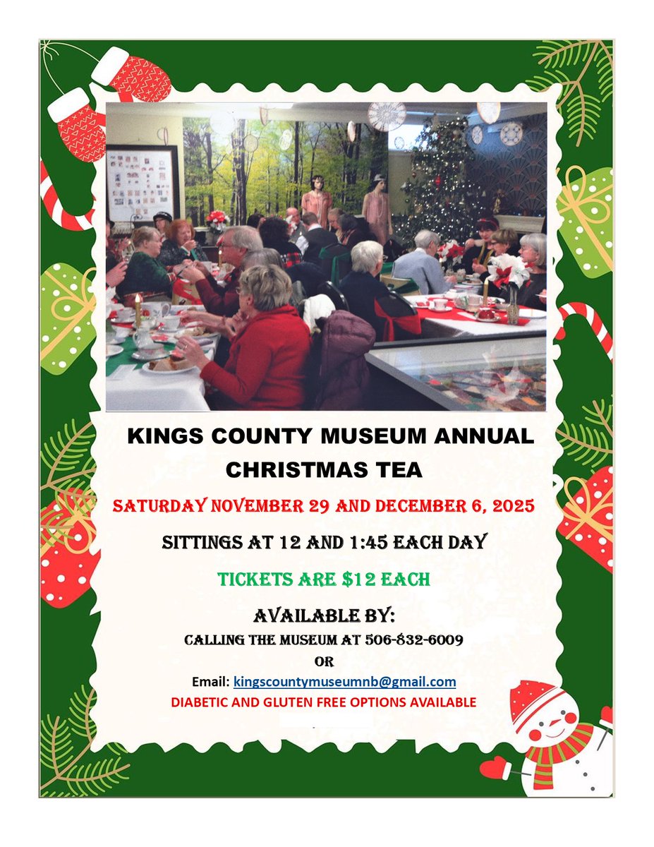 🎄 Join us for the Kings County Museum Christmas Tea on Nov 29 &amp; Dec 6! Enjoy treats, tea, coffee &amp; warm cider. Tickets $12. Sittings at 12 pm &amp; 1:45. Call 832-6009 to reserve! ✨🫖