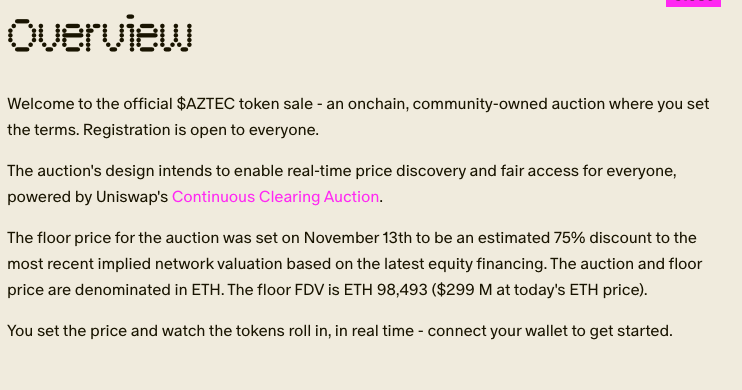 H__Gilmore's tweet photo. Aztec suddenly launched its sale - honestly should’ve died two years ago, but here we are.

sale starts on dec 2.
4 days left to register.
the team confirmed there will be no airdrop at all- not for old users, not for new ones. only the sale. 300k wallets allowed.
the crazy part: all tokens from the public sale are non-refundable and locked for 12 months, with a possible reduction to 90 days if leadership votes for it.
any node runners here? what do you think about the project and the tech?
#sale