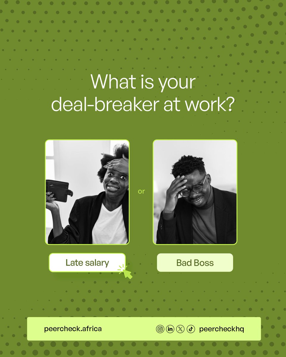 peercheckhq's tweet photo. Comment below 👇🏽 Which one will make you pack your bags ASAP 

Late Salary or Bad Boss?
Let's get to hear from you 

#PeerCheck #WorkCulture #AfricanProfessionals #TGIF https://t.co/L0EOcnHFmR