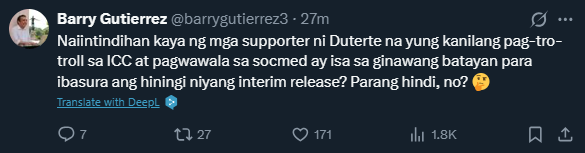 gusto nyo kasi manahimik lang kami... mag-inggay kami o manahimik done deal naman na ang ICC case ni Duterte. Alam na alam na nga ni Konti ang results.