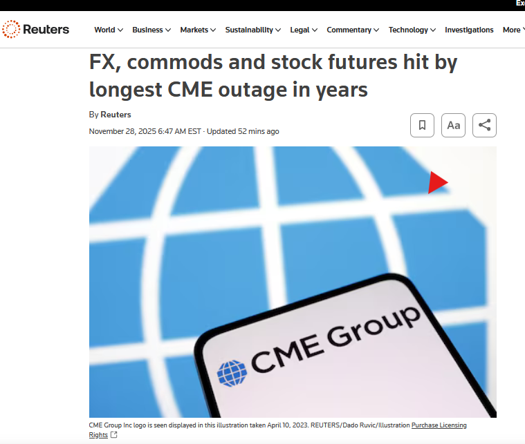 TheDebriefing17's tweet image. 🤔#Hmmm Today the price oracle glitched.

CME the global casino for FX, oil, Treasuries, stocks, gold &amp;amp; silver went dark because of a “cooling issue” at a Chicago data center. One building hiccups and the entire world’s benchmark prices freeze. Traders “flying blind.”

That’s not
