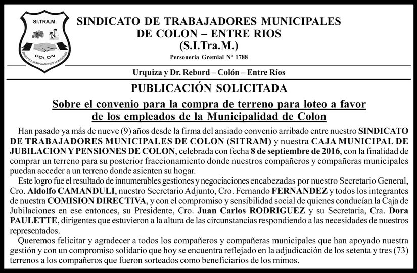 SITRAMColon's tweet photo. 📢 ¡Gran noticia para las y los trabajadores municipales de Colón! 🏡🤝 Después de años de esfuerzo, compromiso y gestión conjunta, celebramos el avance del convenio para la compra y loteo de terrenos destinado a los empleados municipales🌱📄 https://t.co/4PljYw12vV