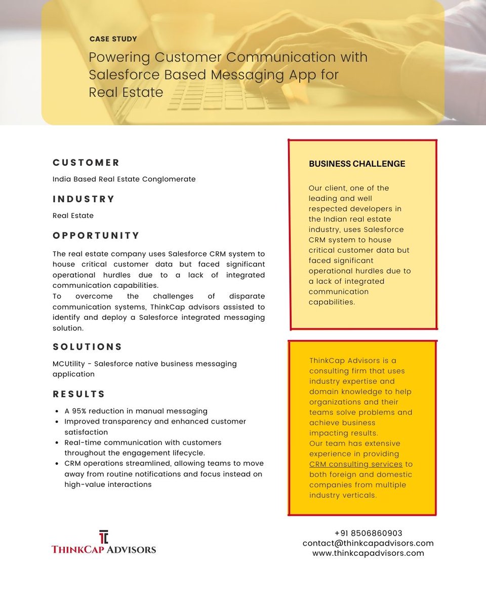 thinkcapadvisor's tweet image. Powering customer communication with a Salesforce-based messaging app — 95% reduction in manual messaging. Case study: tinyurl.com/rtwcjw3y

#realestatecrm #crmconsulting #crmimplementation #salesforce #crmconsultingservices