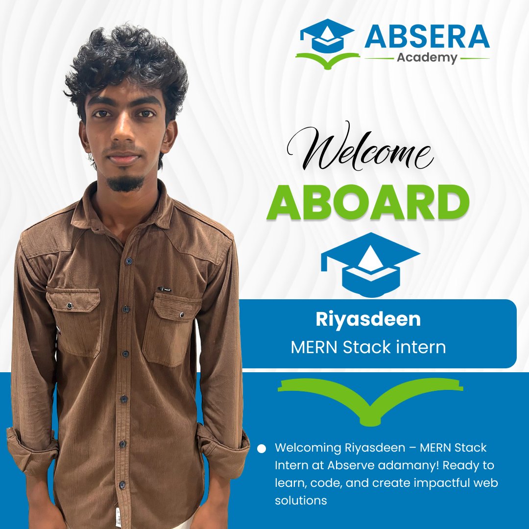 AbseraAcademy's tweet image. 🎯 We are thrilled to welcome our new interns to Absera Academy!

🌟 Vijay – SEO Intern
🌟 Riyasdeen – MERN Stack Intern
🌟 Balaji – MERN Stack Intern

#WelcomeAboard #InternshipJourney #AbseraAcademy #TeamGrowth #CareerGrowth #SkillBuilding #NewBeginnings #MERNStack #SEO