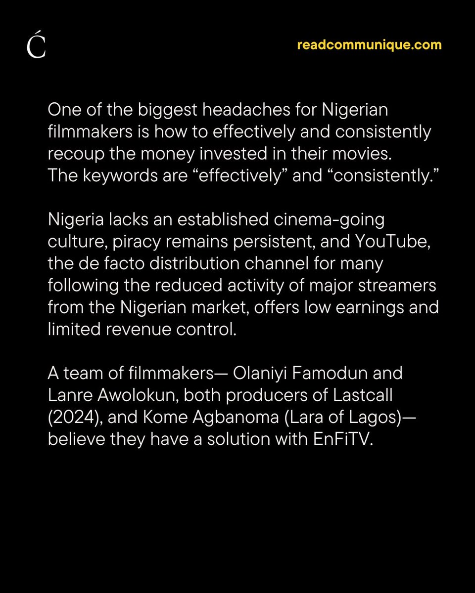 Communique_HQ's tweet photo. For years, Nollywood has been plagued by piracy, limited cinema culture, and low digital earnings, making it nearly impossible for filmmakers to consistently recoup investments. 

Now, a team behind the new streaming platform, EnFiTV, believes they have the fix. Acting as a non-exclusive marketplace, EnFiTV promises producers significantly higher pay-per-view rates and real-time control over their content. But can this creator-first model triumph over established competitors?

Find out in today's Digest: https://t.co/1y24VGAtft