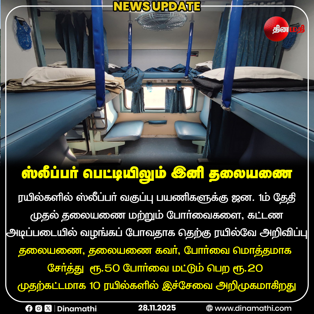 Dinamathii's tweet image. ஸ்லீப்பர் பெட்டியிலும் இனி தலையணை
| Newsupdate | Dinamathi #southernrailway #indianrailways #sleeperclass #travelupdate #railnews #dinamathi