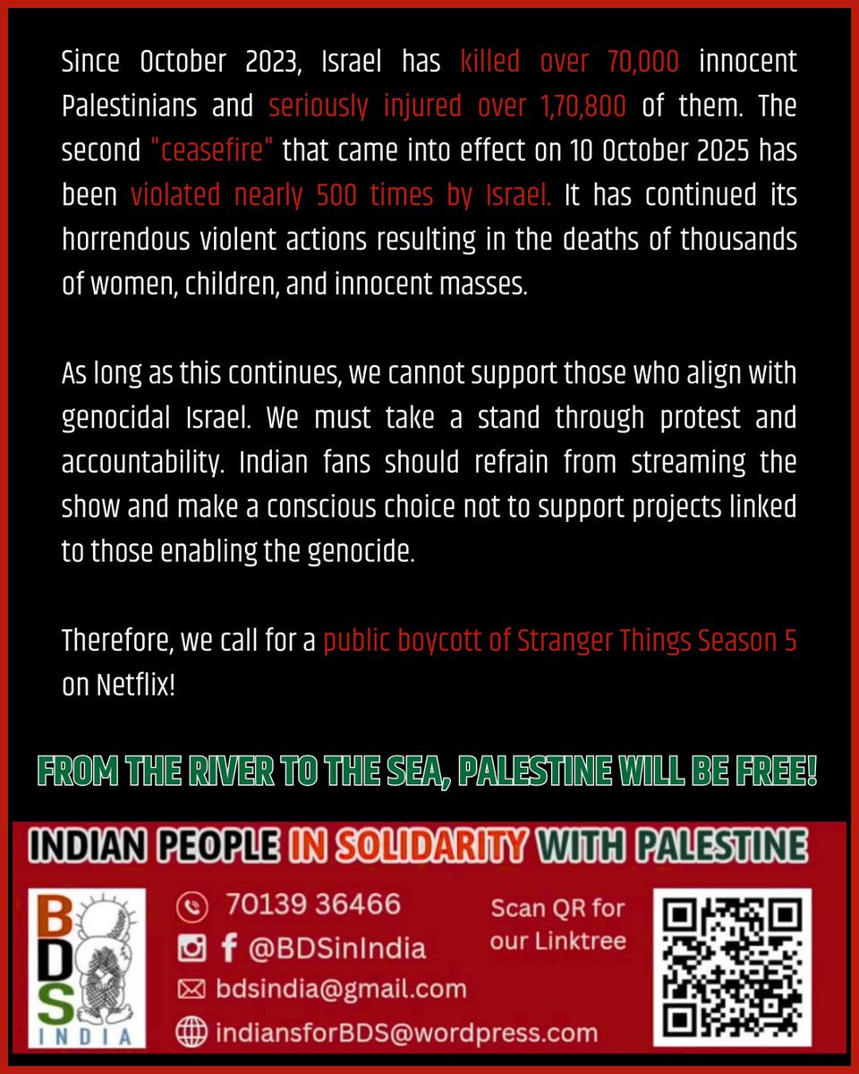 ipsp_official's tweet photo. Noah Schnapp & Brett Gelman have made disgusting Zionist remarks. Indian fans should refrain from streaming the show and make a conscious choice not to support projects linked to those enabling the genocide.
#StrangerThings5 #StrangerThings #boycottstrangerthings #boycottisrael https://t.co/1m8Trw2C6j