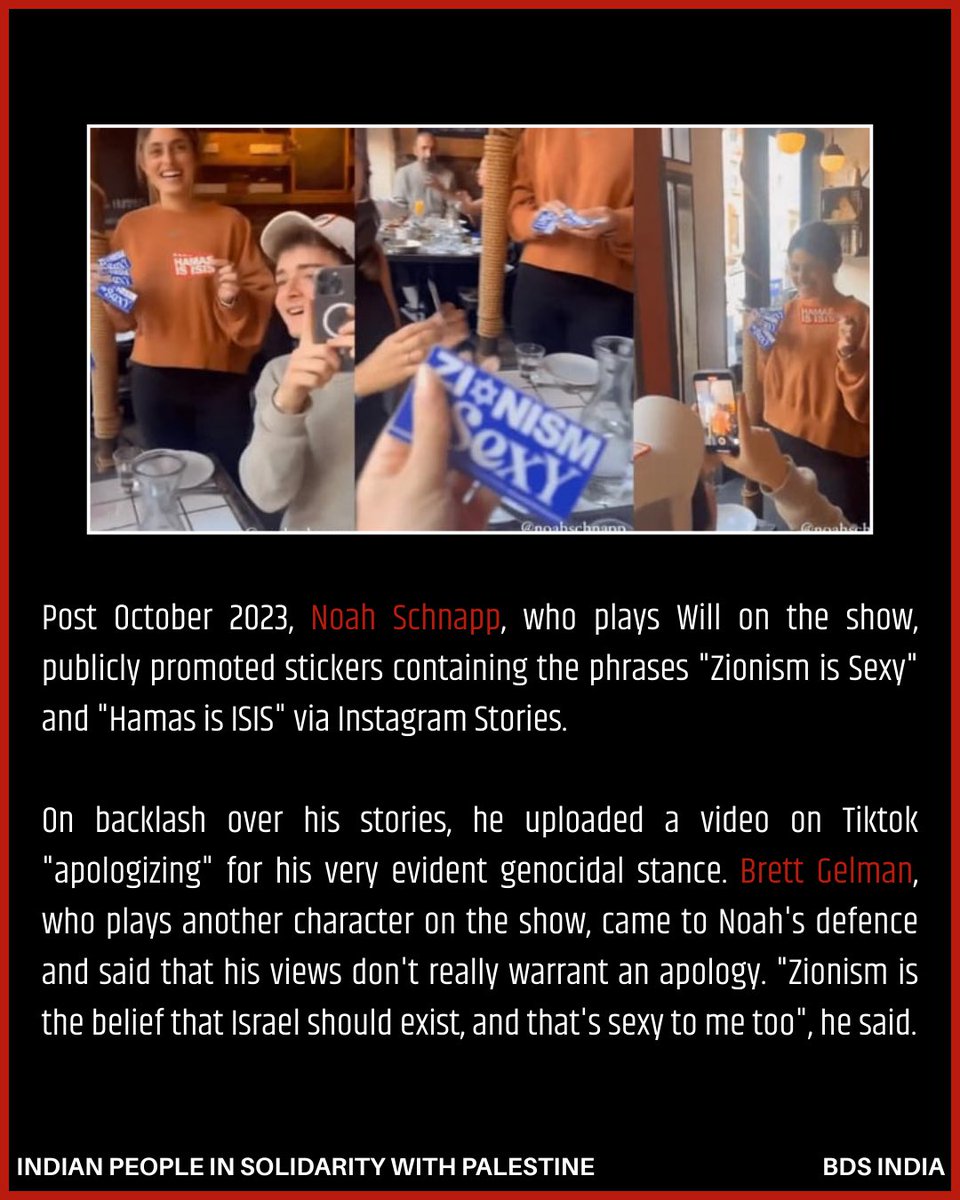 ipsp_official's tweet photo. Noah Schnapp & Brett Gelman have made disgusting Zionist remarks. Indian fans should refrain from streaming the show and make a conscious choice not to support projects linked to those enabling the genocide.
#StrangerThings5 #StrangerThings #boycottstrangerthings #boycottisrael https://t.co/1m8Trw2C6j
