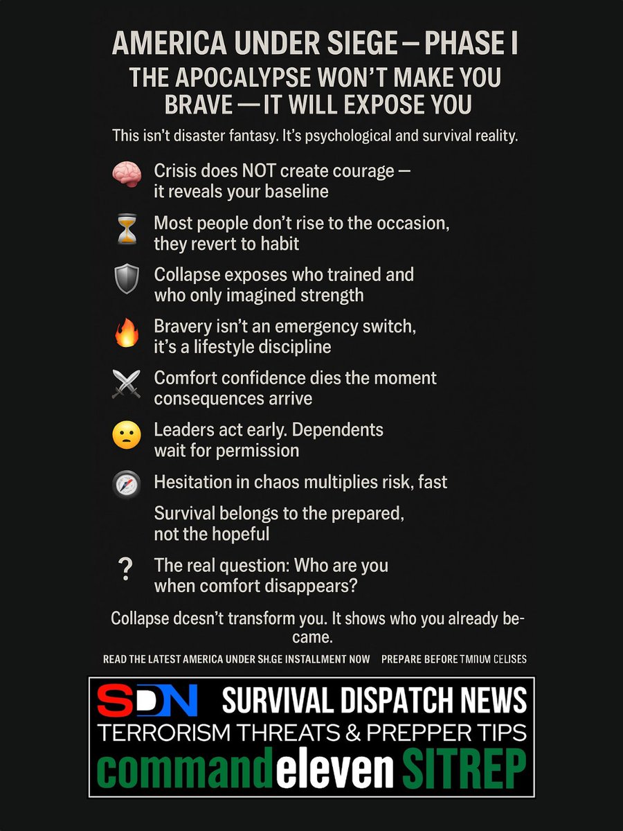 🚨 NEW: AMERICA UNDER SIEGE — PHASE I 🚨

The Apocalypse Won’t Make You Brave — It Will Expose You

This isn’t disaster fantasy. It’s psychological and survival reality.

Here’s what this installment confronts 👇

• 🧠 Crisis does NOT create courage — it reveals your baseline
•