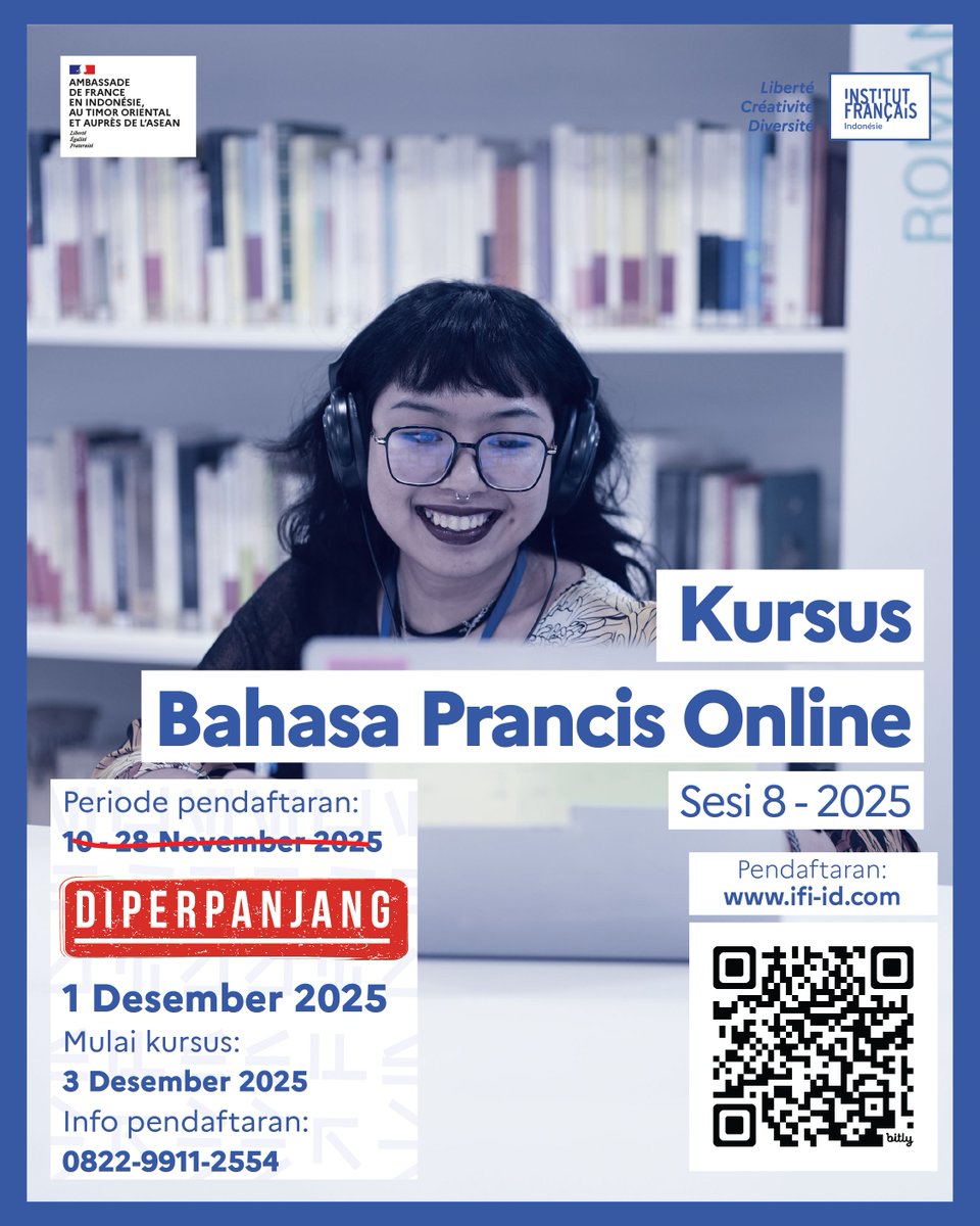 ‼ Sesi pendaftaran kursus daring terakhir pada tahun ini diperpanjang hingga 1 Desember ‼

Menutup 2025 dengan gaya, belajar bahasa Prancis di IFI 🇫🇷 
Ayo gabung dengan ribuan orang lain yang sudah bergabung dan jago bahasa Prancis bersama IFI.

#belajarbahasaprancis