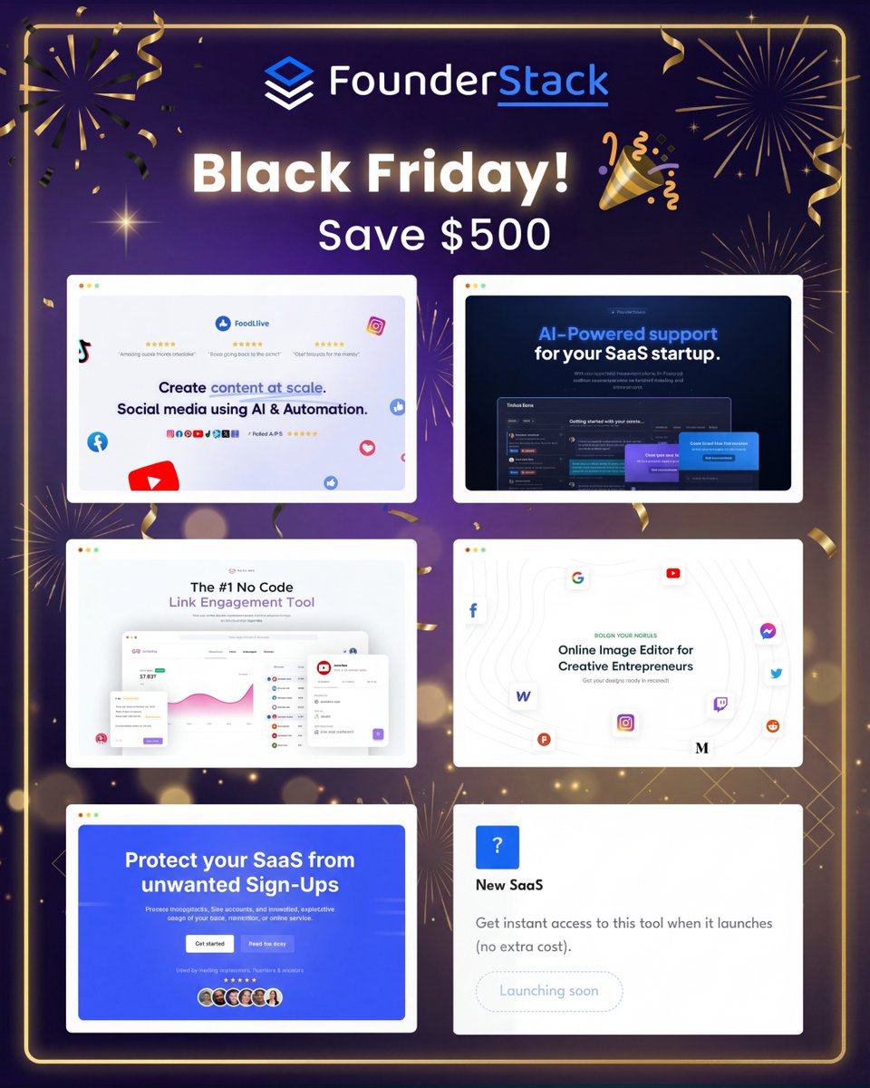 Let's gooo 🎉
Black Friday is here!

Here's your chance to get access to 5 founder essentials.

⭐ FeedHive (AI SMM tool)
⭐ Aidbase (AI support tool)
⭐ LinkDrip (Link tracking tool)
⭐ TinyKiwi (Design tool)
⭐ SignupGate (Fraud prevention tool)

You could go with the