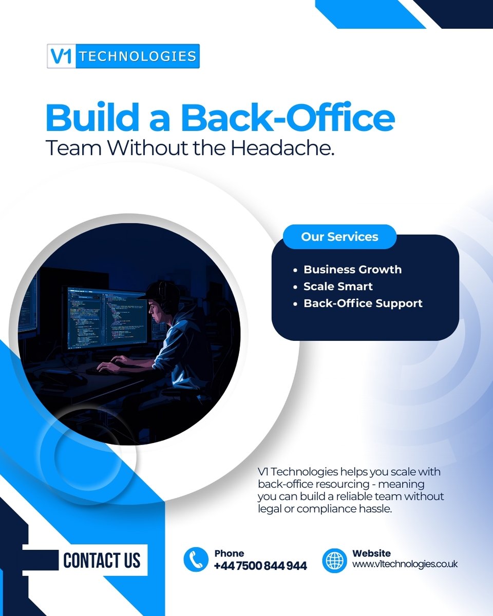 V1Technologies's tweet image. As you grow, managing operations gets complex. V1 Technologies helps you scale with back-office resourcing — meaning you can build a reliable team without legal or compliance hassle. 
#ScaleSmart #BusinessGrowth #v1tech

Visit: v1technologies.co.uk