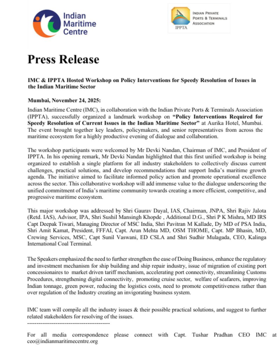 thenavalconnect's tweet image. IMC &amp;amp; IPPTA hosted a key workshop in Mumbai on policy interventions for faster resolution of maritime sector challenges, bringing together top industry leaders &amp;amp; policymakers. A strong step toward a future-ready maritime ecosystem. 🌊⚓

#IMC #IPPTA #Shipping #TheNavalConnection