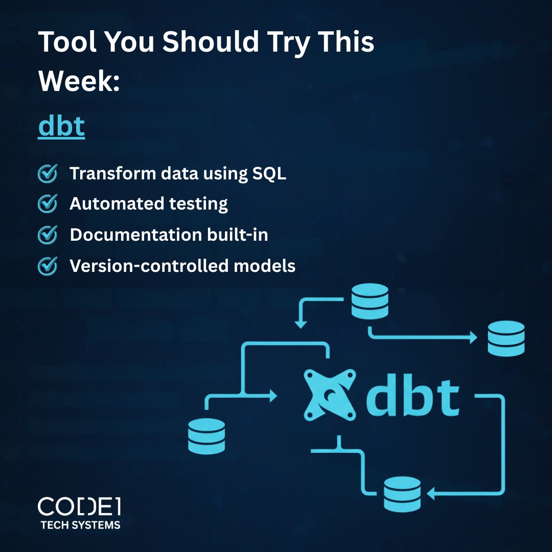 Code1Tech's tweet image. 𝗧𝗵𝗶𝘀 𝘄𝗲𝗲𝗸’𝘀 𝘁𝗼𝗼𝗹 𝘁𝗼 𝘁𝗿𝘆: 𝗱𝗯𝘁.
SQL + clean transformations + version control = data engineering made simple.
Game changer. #DataEngineering #dbt #ModernDataStack #ProductivityTools #Analytics #Code1TechSystems