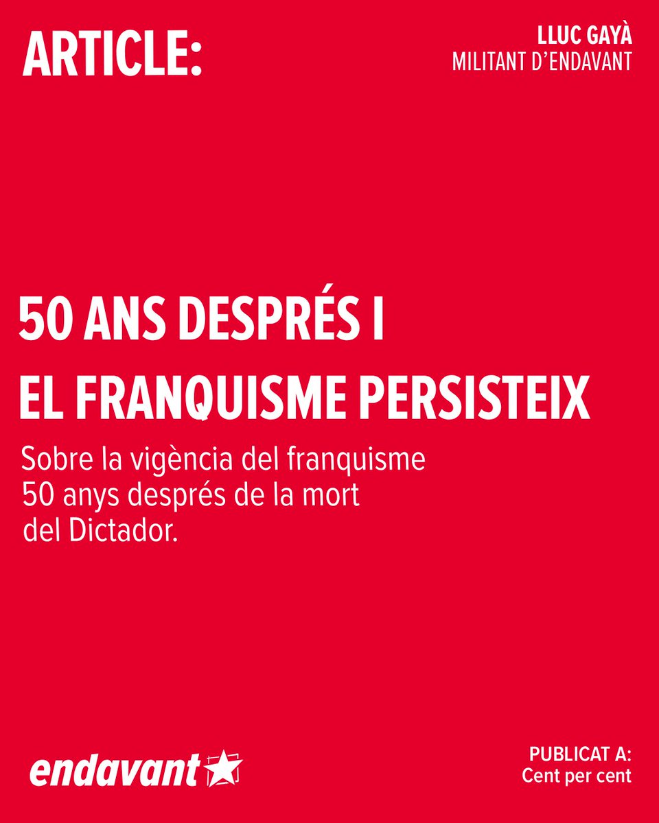 50 anys després i el franquisme que persisteix. El nostre company <a href="/llucgaya/">Lluc #SocialismeOBarbàrie</a> ha publicat aquest article al Cent per cent de Manacor en motiu del cinquantè aniversari de la mort del dictador
centpercent.cat/50-anys-despre…