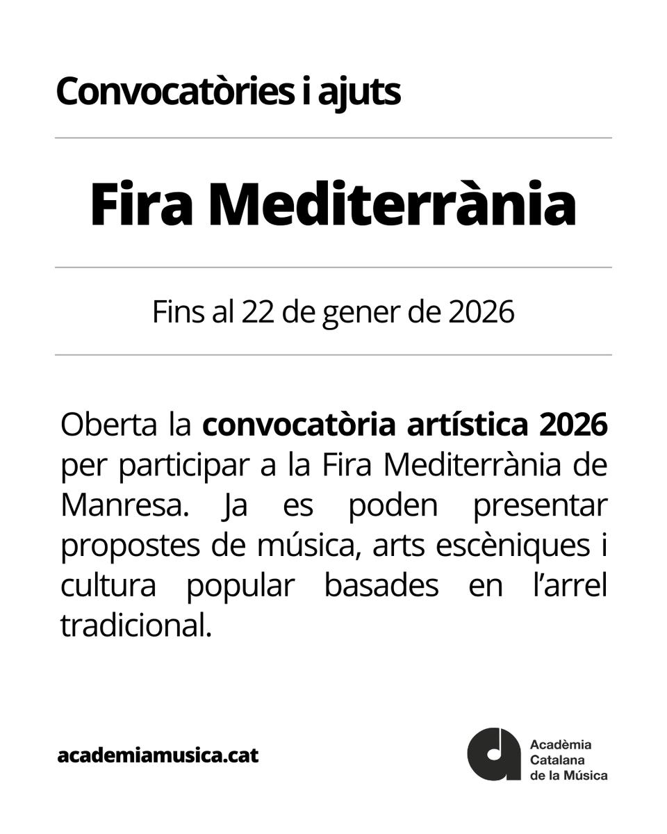 Oberta la convocatòria artística 2026 de la <a href="/FMediterrania/">Fira Mediterrània</a> per presentar propostes de música, arts escèniques i cultura popular basades en l’arrel tradicional.

Fins al 22 de gener de 2026

🔗firamediterrania.cat/professionals/…