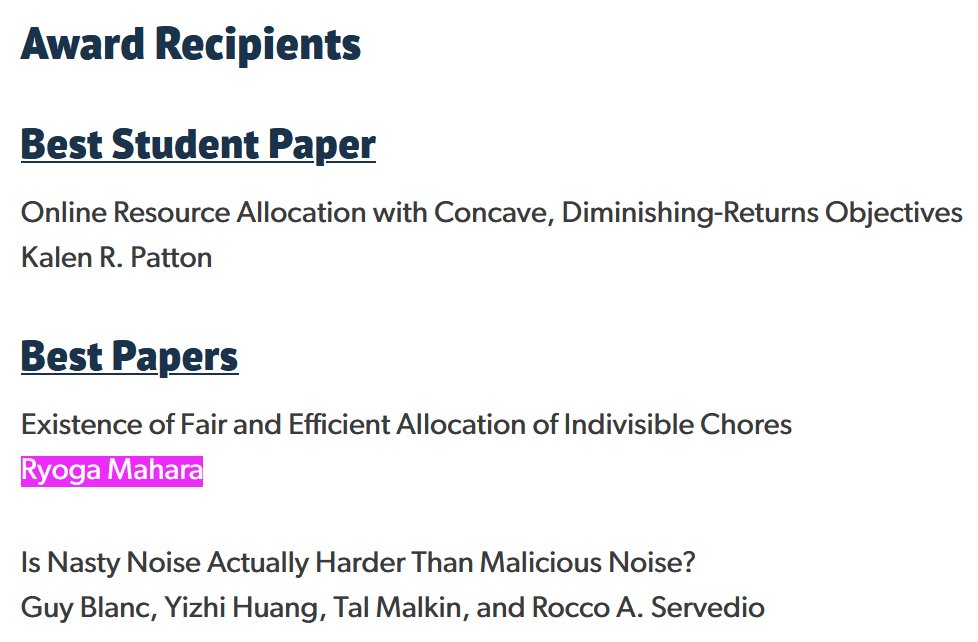 todo314's tweet image. 馬原 凌河さん（東京大学）の論文“Existence of Fair and Efficient Allocation of Indivisible Chores” (arxiv.org/abs/2507.09544) が理論計算機科学・アルゴリズムのトップ会議SODA 2026のBest Paper Awardsを受賞！マジですごい！おめでとうございます🎉🎉🎉