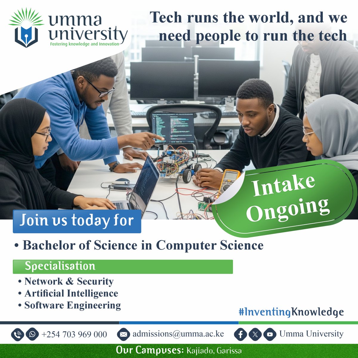 UmmaUniversity's tweet image. Code your future. Build solutions that shape tomorrow.
Enrol for our Bachelor of Computer Science this January!
Explore our specialisations.
Apply: application.umma.ac.ke
WhatsApp: 0703969000
#ummauniversity #jan2026intake #computerscience