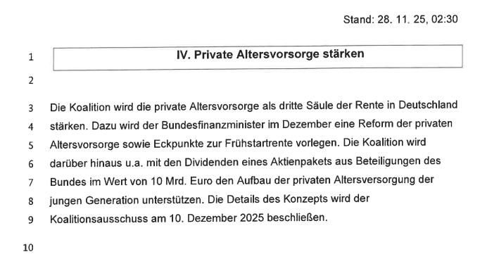 #Aktien und #Rente sind erstmal vertagt – aber nur auf den Koalitionsausschuss am 10.12.
Die Idee, #Dividenden aus dem Volksvermögen für "private Altersversorgung" zu nutzen, klingt gut. Entscheidend wird das Wie: Einfach, transparent, fair!