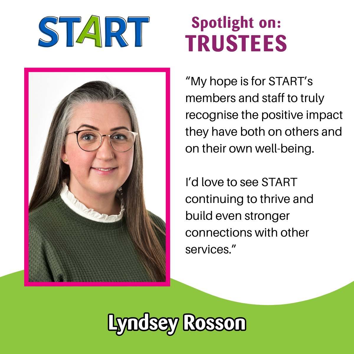 STARTinspminds's tweet image. I’m a newly appointed trustee. My hope is for START’s members and staff to truly recognise the positive impact they have both on others and on their own well-being. I’d love to see START continuing to thrive and build even stronger connections with other services.