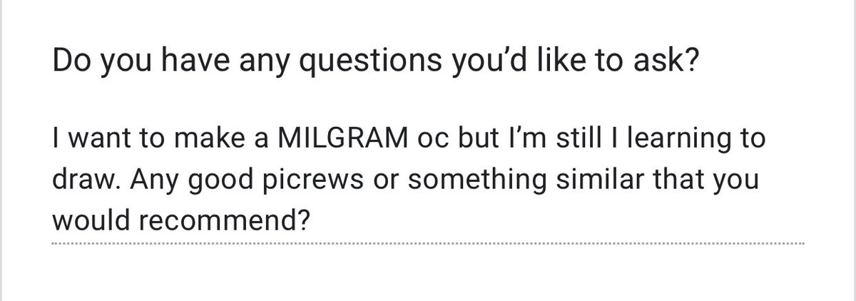 milgramresource's tweet photo. ⚖️  |  QUESTION : #mlgresourceqna

Mod doesn’t have much experience with picrews unfortunately. If anyone could leave a few in the replies, that’d be great. But if you need tips on designing an OCGRAM, I’ll be happy to help with that.
I wish you luck!

— 🦋 https://t.co/4Uo6YUeHsI