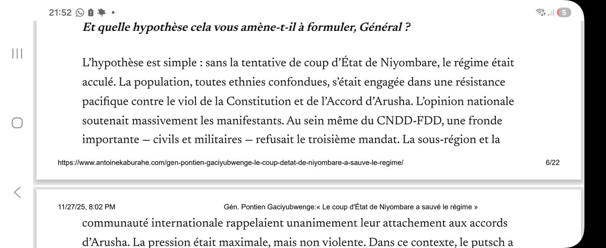 "Face à une résistance pacifique d'une population unie en 2015, le régime CNDD-FDD était acculé; n’eût été le coup d’État du général Niyombare..."
Gnl Pontien Gaciyubwenge, ministre burundais de la défense 2010-2015. Retrouvez ici son itw avec <a href="/AntoineKaburahe/">KABURAHE</a>