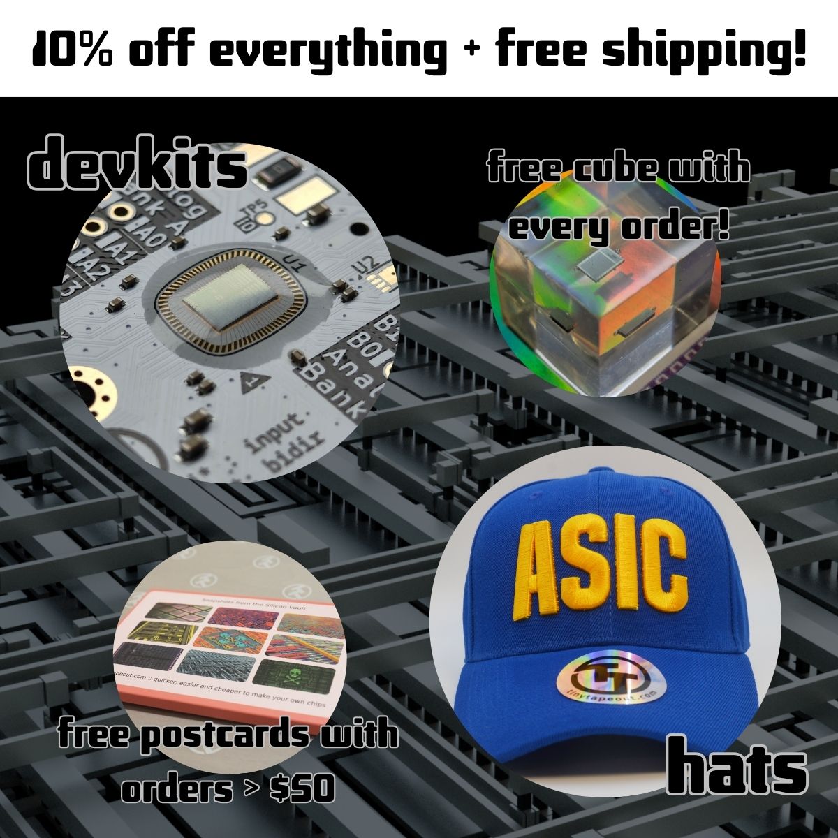 tinytapeout's tweet image. From Today till 2nd December we have 10% off everything and free standard shipping. Spend over $50 and get a lovely pack of postcards!

While stocks last, every order will also receive one of @matthewvenn &apos;s limited edition ASIC chips in epoxy!

store.tinytapeout.com
