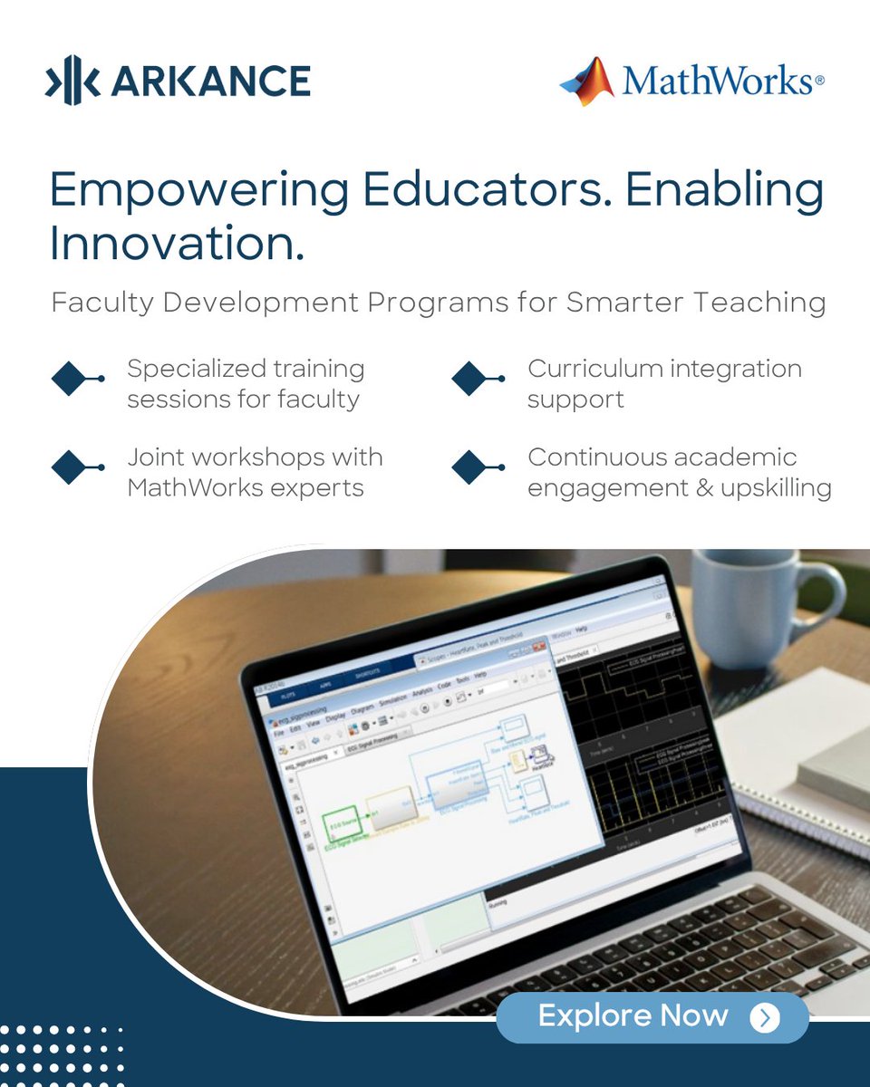 Arkancein's tweet image. When educators learn better, students learn smarter.
We help faculty elevate engineering education with MATLAB &amp;amp; Simulink training and expert-led workshops.
#EngineeringEducation #EdTech #MATLAB #Simulink #ARKANCE #ARKANCEIndia