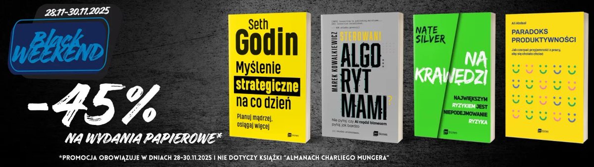 U nas również promocje! Od 28 do 30 listopada wszystkie tytuły w wydaniu papierowym kupisz aż 45% TANIEJ! 

📘To jedyna taka okazja, żeby uzupełnić biblioteczkę o książki z takich dziedzin, jak biznes, marketing, psychologia, rozwój osobisty i inne! 

❔Chcesz wejść na wyższy