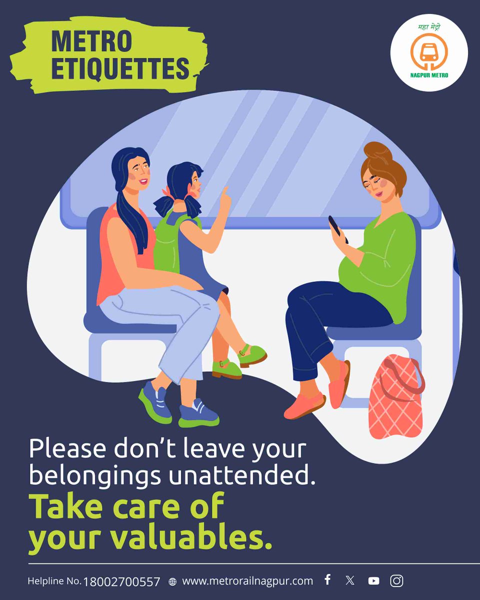 MetroRailNagpur's tweet image. #MetroEtiquettes
आपले सामान आणि मौल्यवान वस्तू दुर्लक्षित सोडू नका.. आपल्या मौल्यवान वस्तूंची नेहमी काळजी घ्या. हरवलेली वस्तू सापडल्यास जवळच्या मेट्रो कर्मचाऱ्याला कळवा.

#etiquette #adoptthesehabit #NagpurMetro #LostAndFound #wecare