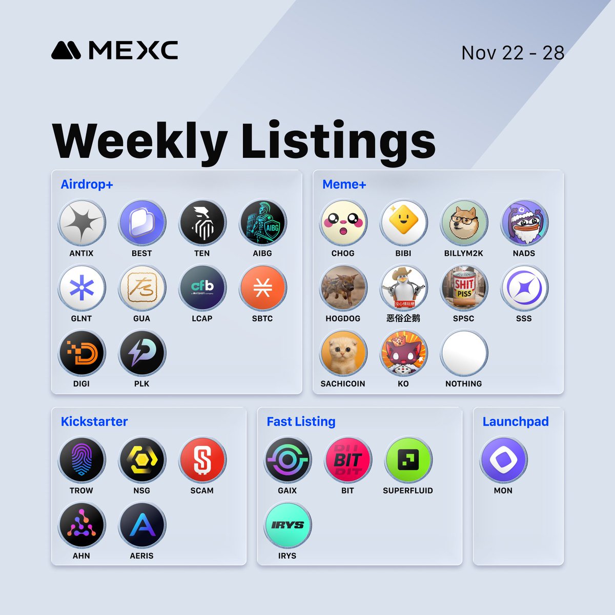 📅Another massive week of listings at MEXC! (Nov 22 - 28) 

We’re bringing you 30+ new opportunities across  Airdrop+, Meme+, and more. 🚀

Trade the hottest tokens now 👉mexc.com/markets