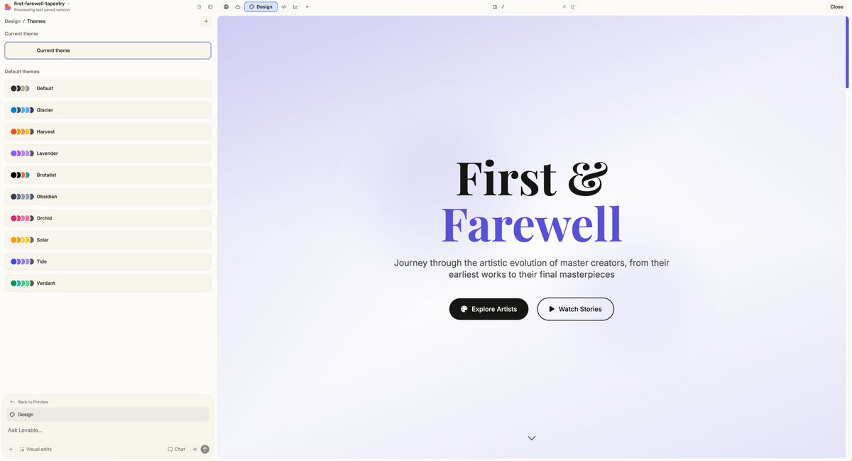 Lovable 最近更新挺多牛皮功能的啊
增加了設計模式:
你如果覺得這個產生的網頁的風格比較好,你可以儲存這個設計系統,並將其用在其他網頁。這個對於一致性保石太有用。
增加了網站數據統計:
現在有了一個非常詳細的網頁資料統計頁面,可以