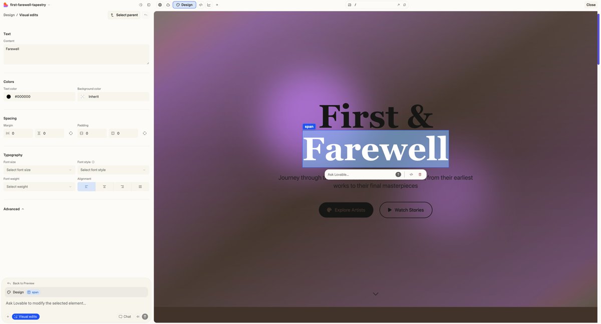 Lovable 最近更新挺多牛皮功能的啊
增加了設計模式:
你如果覺得這個產生的網頁的風格比較好,你可以儲存這個設計系統,並將其用在其他網頁。這個對於一致性保石太有用。
增加了網站數據統計:
現在有了一個非常詳細的網頁資料統計頁面,可以