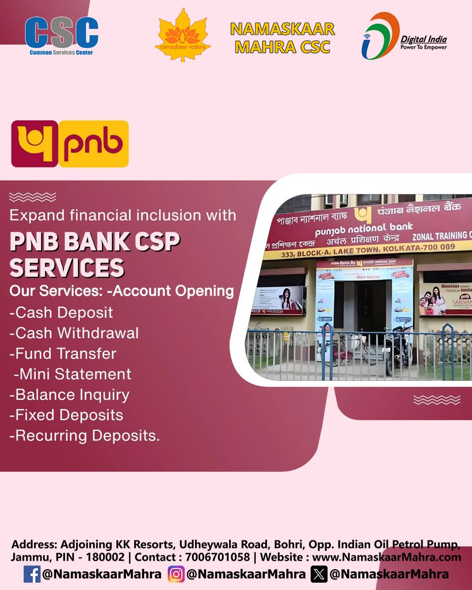 NamaskaarMahra's tweet image. PNB BANK SERVICES AVAILABLE 

Namaskaar Mahra CSC
Contact : 7006701058
namaskaarmahra.com
Address: Adjoining KK Resorts, Udheywala Road, Bohri,
Opp. Indian Oil Petrol Pump, Jammu, 180002

#NamaskaarMahra #CSC #CSCJammu  #TataCroma #Croma #tata