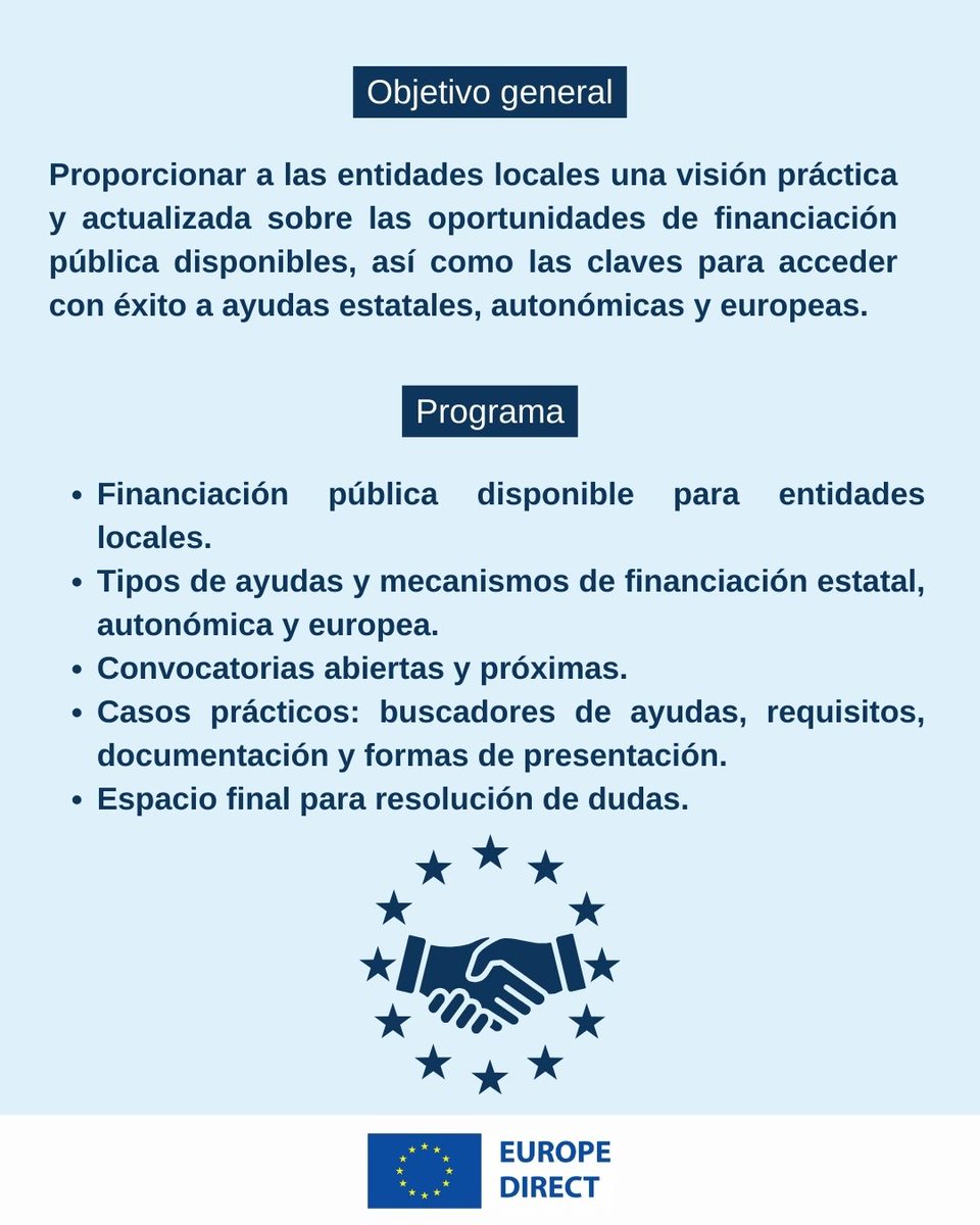 📢 Webinar “Financiación pública para entidades locales y cómo solicitar ayudas”
📅 11/12/2025
🕙 11:30–13:00
👉 Dirigido a ayuntamientos, mancomunidades, diputaciones y entidades locales.
📝 Inscripciones: forms.gle/EBnWtN8ZK2pEcJ…