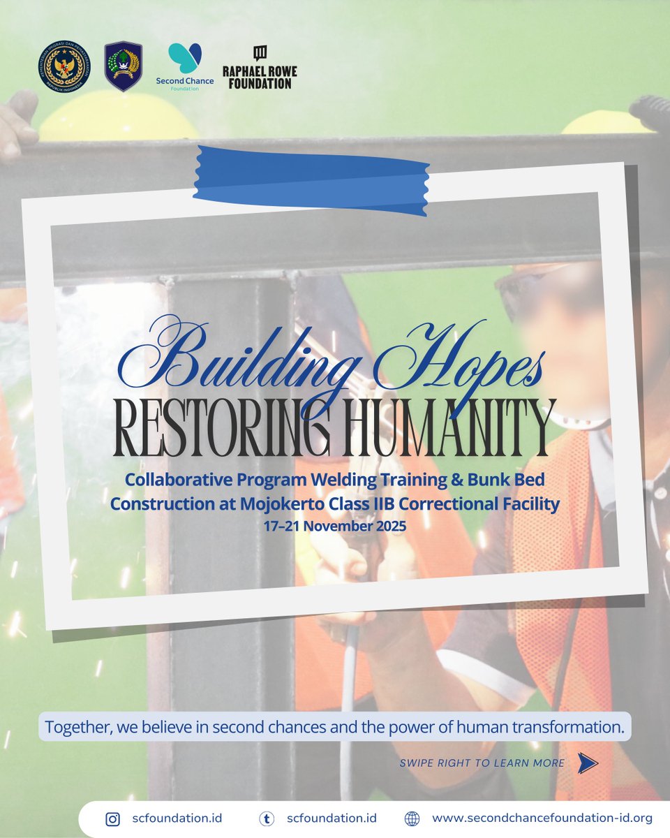 SCFoundationID's tweet photo. The collaborative program, Welding Training and Bunk Bed Construction, between the Second Chance Foundation (SCF) and the Raphael Rowe Foundation (RRF) has officially begun. #SecondChanceFoundation #RaphaelRoweFoundation #Inmate #BunkBed #MojokertoClassIIBCorrectionalFacility https://t.co/ZHNz2W5Xfn