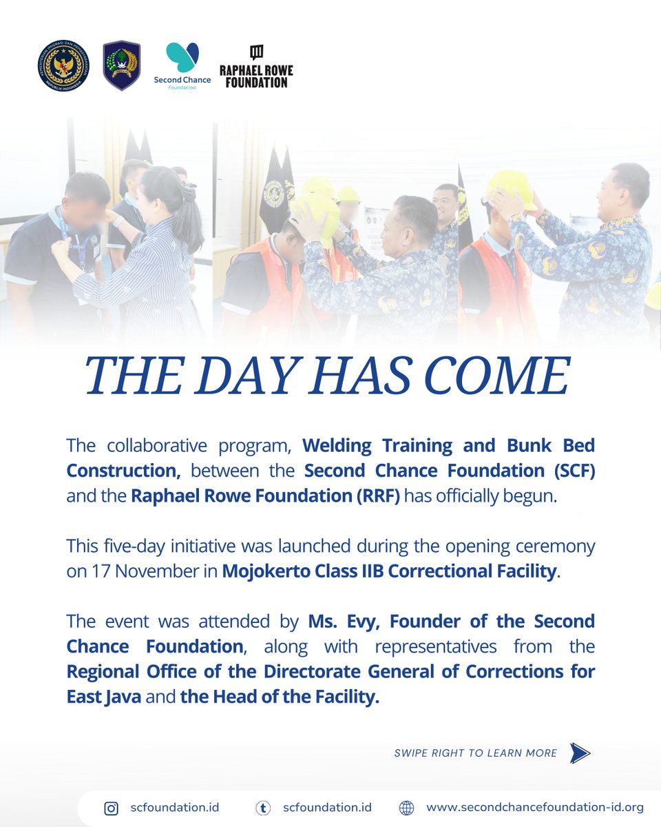 SCFoundationID's tweet photo. The collaborative program, Welding Training and Bunk Bed Construction, between the Second Chance Foundation (SCF) and the Raphael Rowe Foundation (RRF) has officially begun. #SecondChanceFoundation #RaphaelRoweFoundation #Inmate #BunkBed #MojokertoClassIIBCorrectionalFacility https://t.co/ZHNz2W5Xfn
