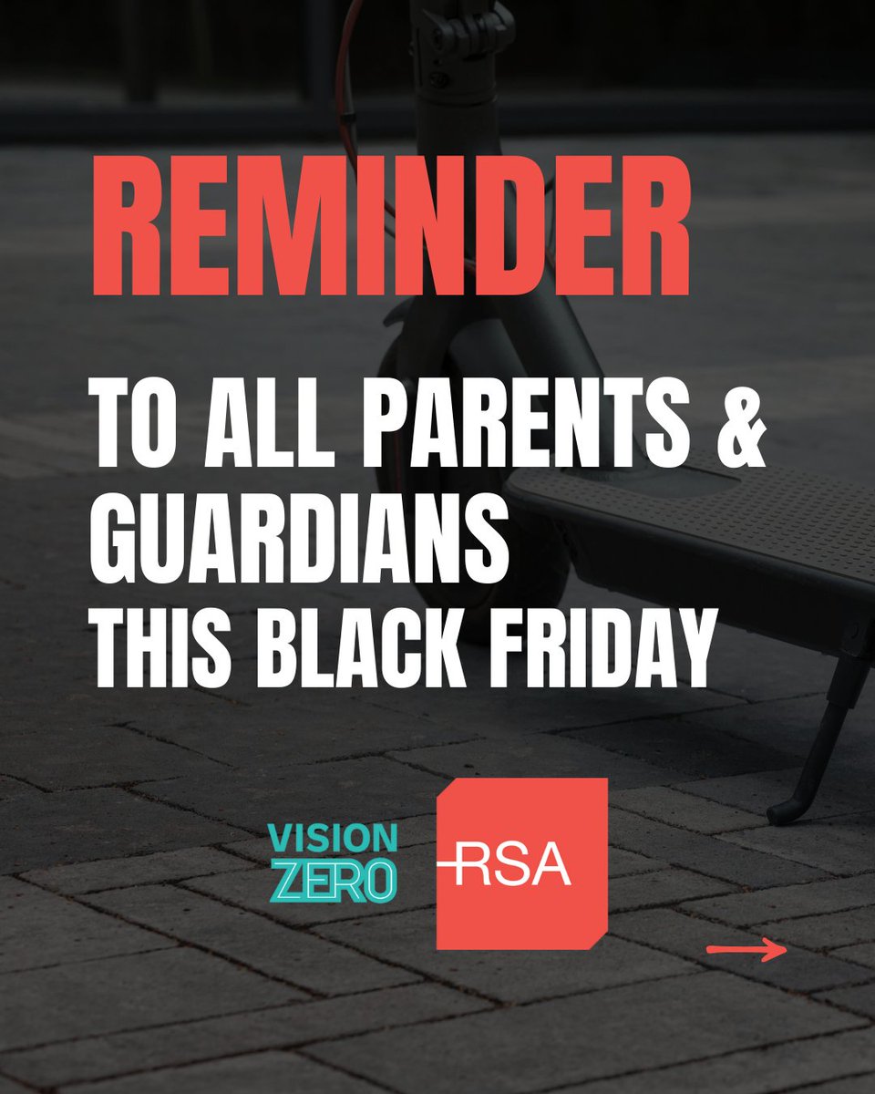 RSAIreland's tweet image. This Black Friday, we are urging parents and guardians not to buy e-scooters for children under the age of 16. Underage e-scooter use is both illegal and dangerous.
#visionzero